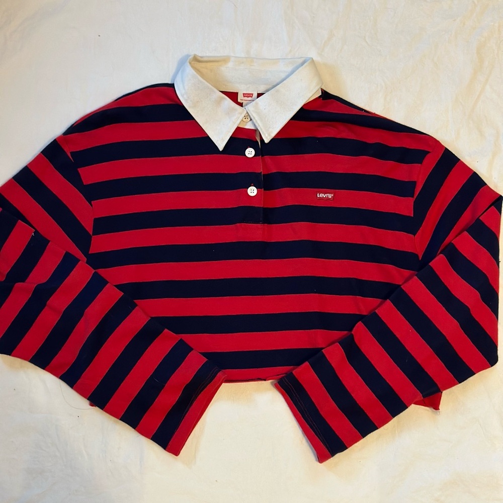 Levis navy blue and red stripped collared cropped dress shirt